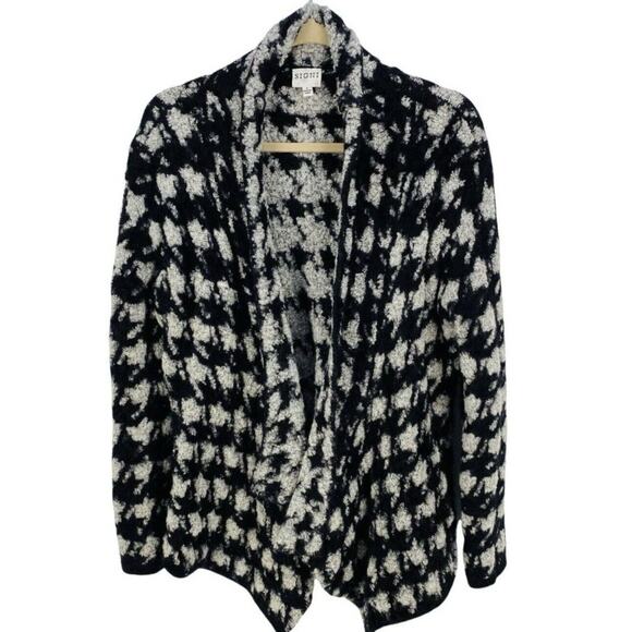 Sioni Houndstooth Cardigan Sweater Open Front Draped Black Gray Womens Medium - Picture 1 of 8